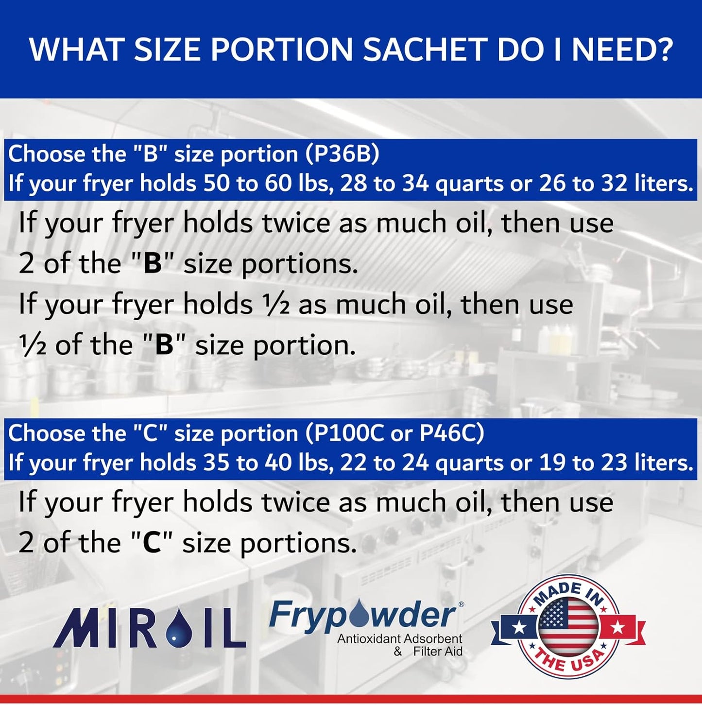 MirOil P100 Fry Powder Oil Stabilizer and Filter Aid, 90 x Size C Portion Pack(160ML Each) Fry Powder, Food Centers Cook Hotter, Deep Fryer Cooking Oil Saver Helps Save Grease & Remove Carbon Deposits