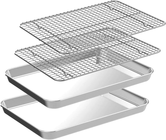 Half Sheet Pans with Rack Set [2 Pans + 2 Racks], CEKEE Stainless Half Size Large Baking Sheets with Rack -18 Inch Baking Tray Set- Rust & Warp Resistant & Heavy Duty Large Cookie Sheet