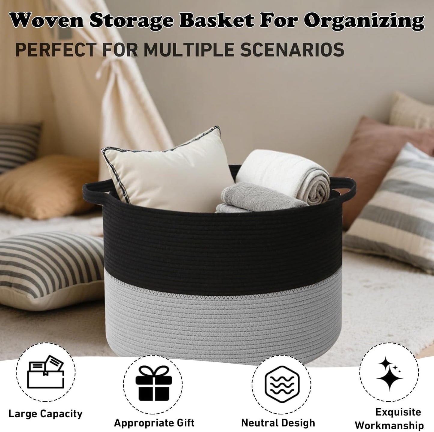 Large Blanket Basket for Organizing,115L Closet Organizers and Storage Bins Box for Shelves Woven Rope Storage Baskets,Living Room,Bedroom,Dorm,Laundry room (Black&Light Grey)