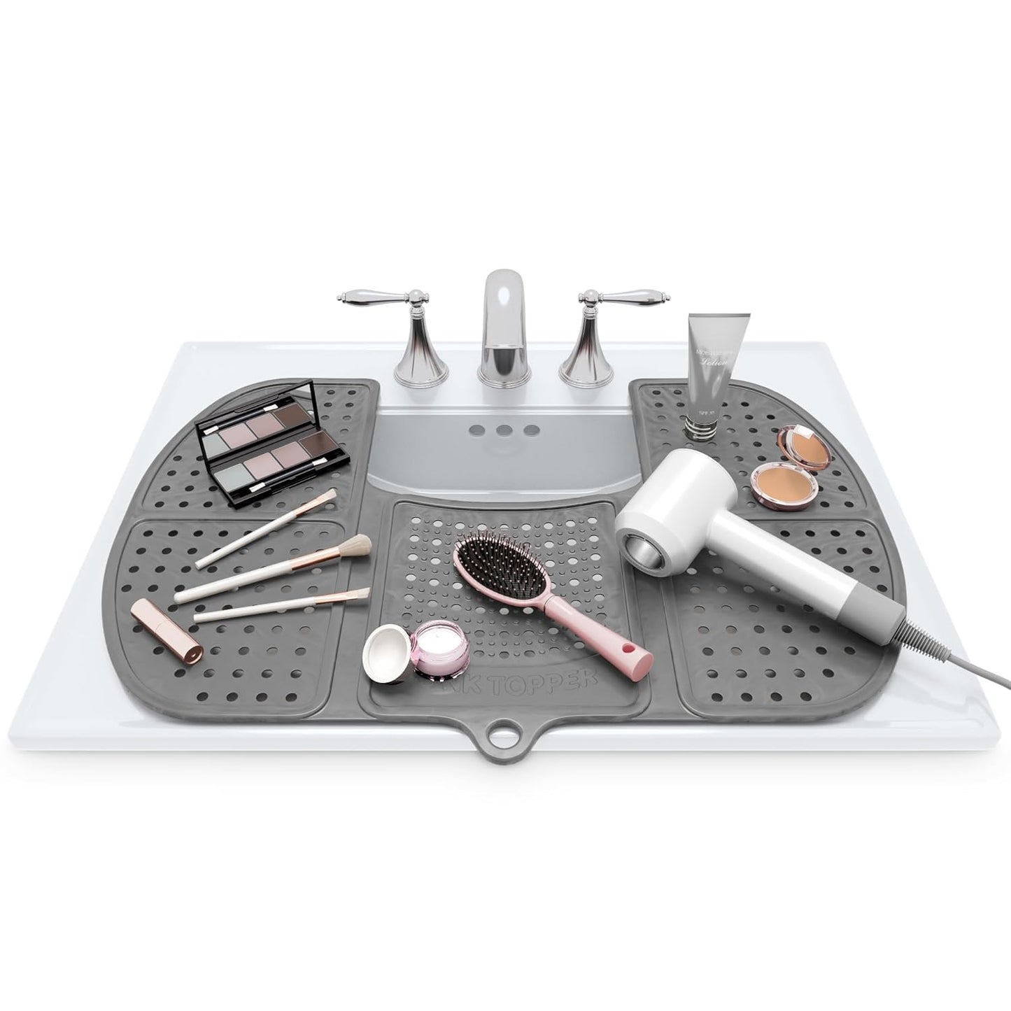 Sink Topper Bathroom Counter Cover & Storage Saver, Foldable Silicone Mat for Hot Tools, Hair Styling & Makeup, Beauty Brush Cleaning Mat, RV Camper Sink Cover & for Small Spaces (Large Silver)