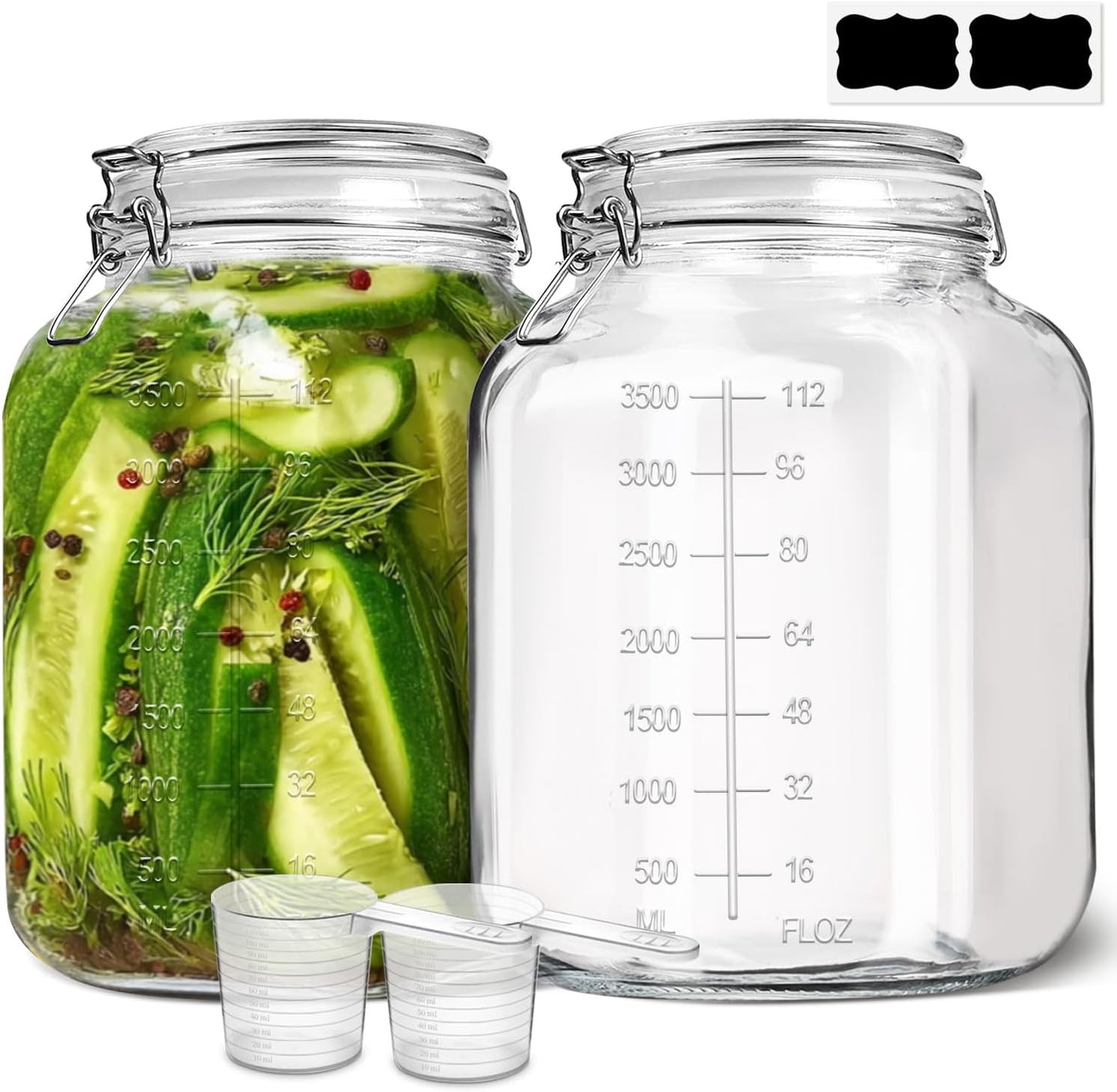 ComSaf Large Glass Storage Containers with Lids, 1.1 Gallon Glass Jar with airtight Lid for Rice, Wide Mouth Mason Jars with Measurement Mark, Flour Sugar Storage Containers 135oz, Set of 2, Square