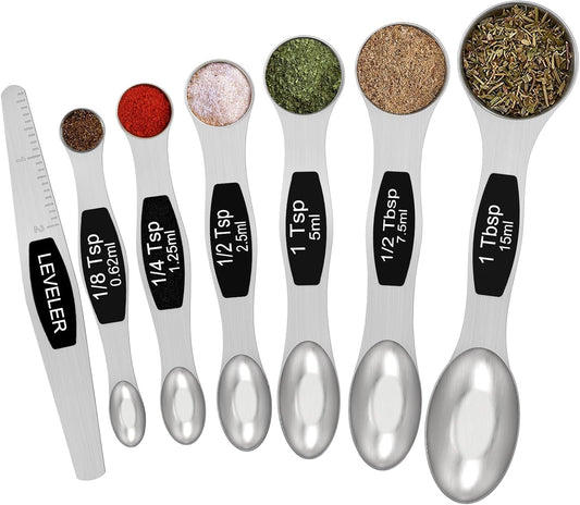 Magnetic Measuring Spoons Set - Wildone Stainless Steel Double Sided Measuring Spoons Set of 7 Black, for Dry & Liquid Ingredients, Including 6 Heavy Duty Nesting Spoons, 1 Leveler, Fits in Spice Jar