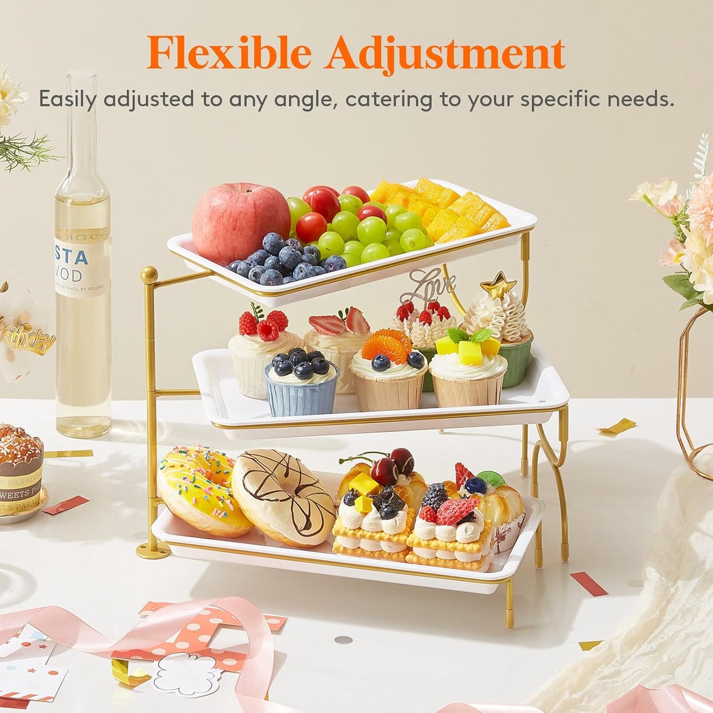 Lifewit 3 Tiered Tray Stand for Party Entertaining, 12"×6.5" Serving Platters and Trays, Reusable Plastic Trays with Stable Gold Mental Stand for Veggie, Fruit, Cookies, Dessert