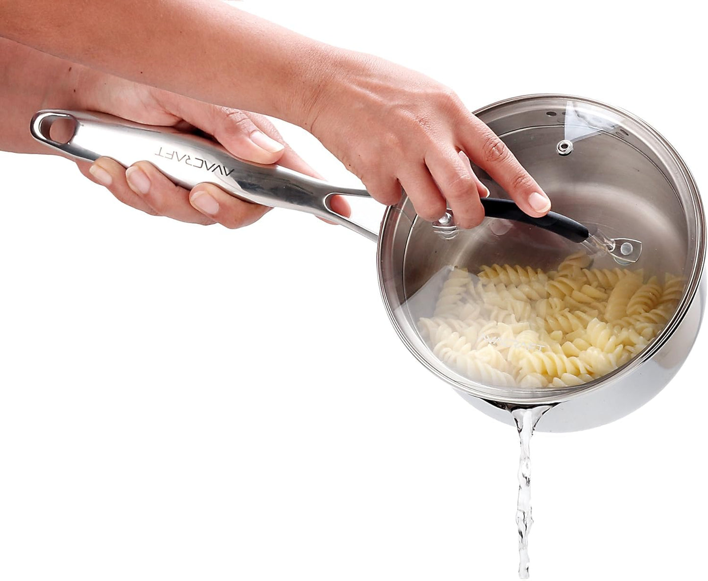 AVACRAFT Stainless Steel Saucepan with Glass Strainer Lid, Two Side Spouts for Easy Pour with Ergonomic Handle, Multipurpose Sauce Pot (5-Ply Capsule Bottom, 2.5 Quart)