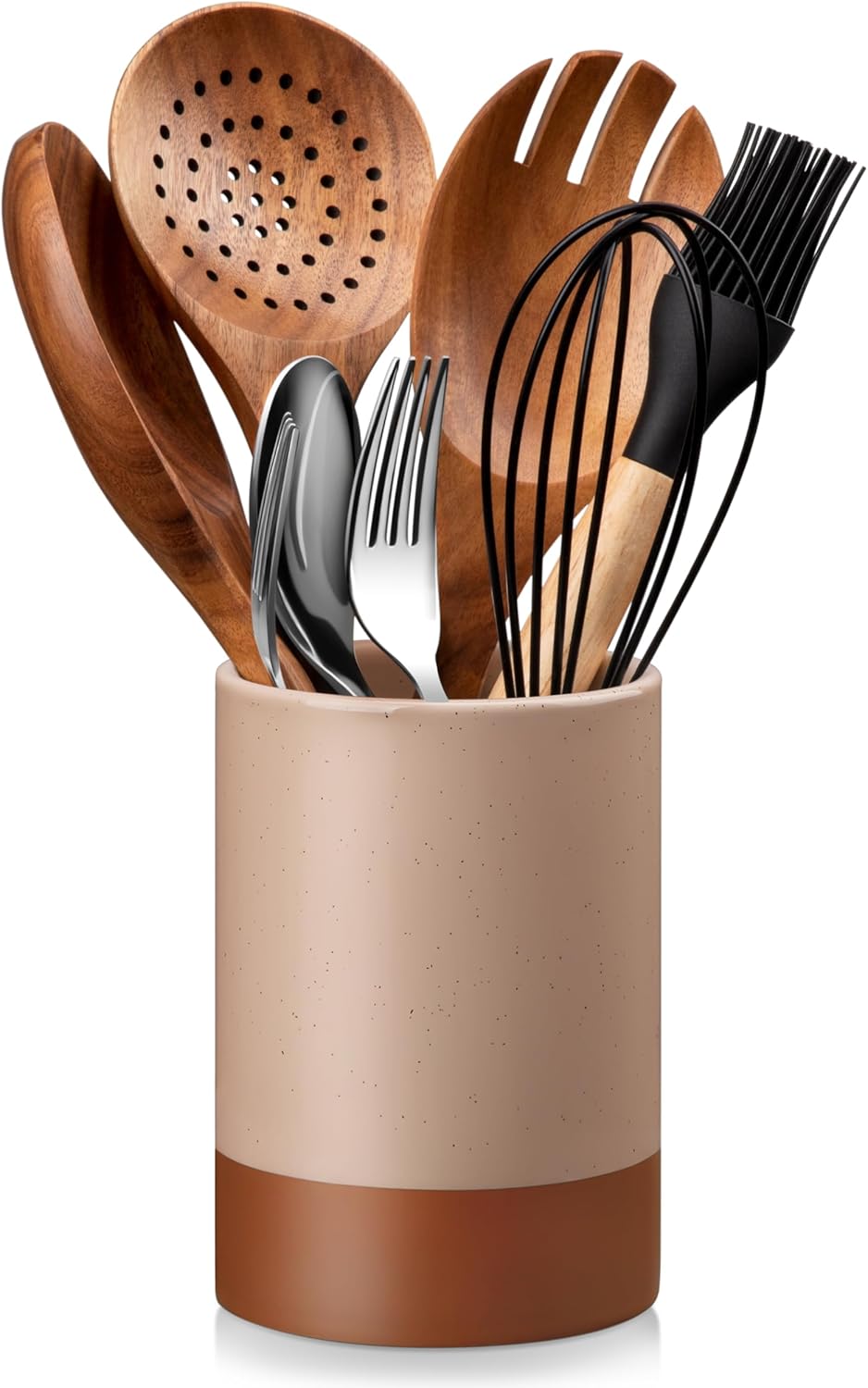MALACASA Utensil Holder, 5.5" Ceramic Kitchen Utensil Holder for Countertop, Cooking Utensil Crock for Kitchen Counter, Farmhouse Utensil Organizer for Spatula & Spoon, Khaki Pink, Series TARA