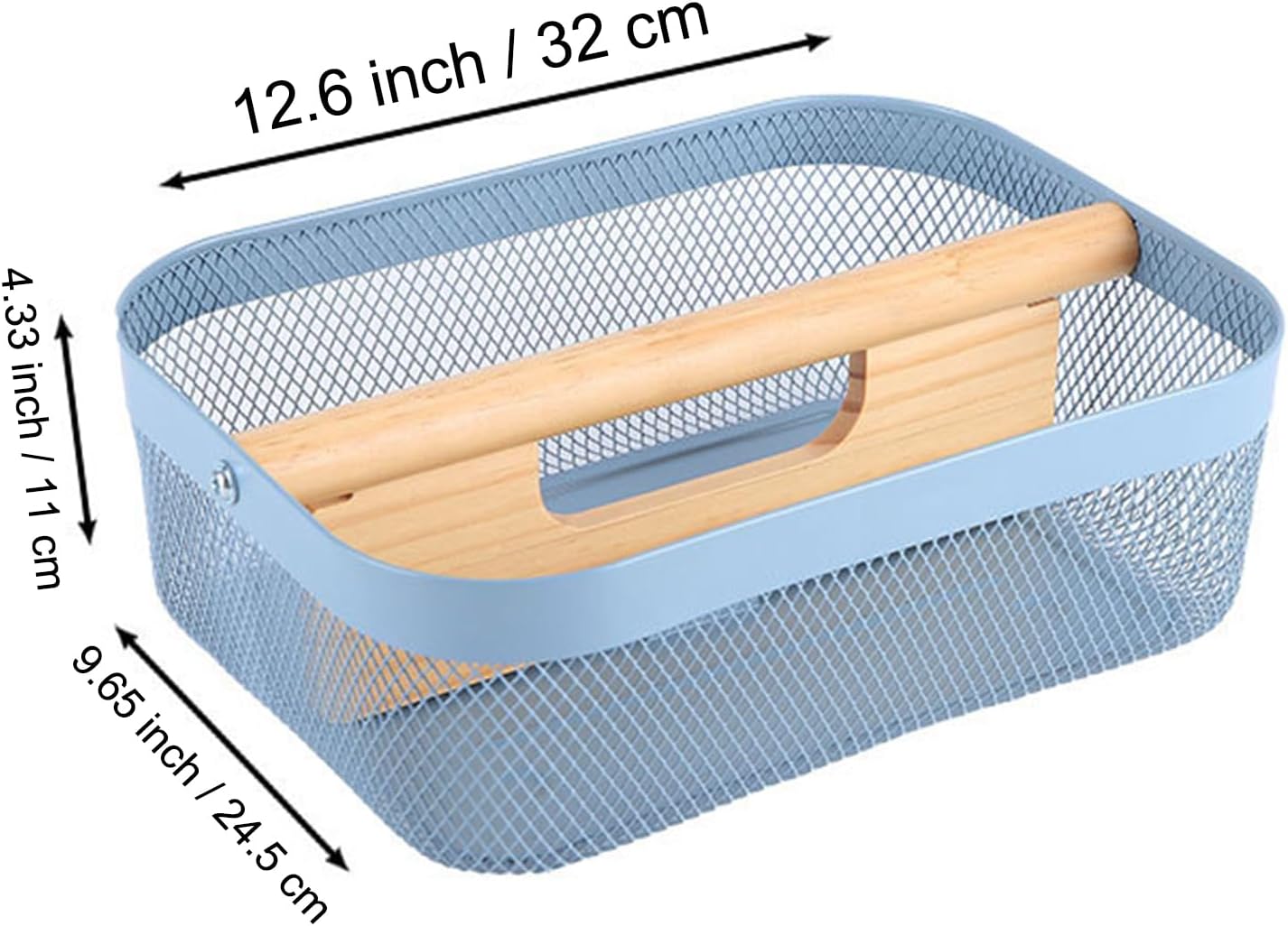 Metal Mesh Steel Storage Basket, Garden Harvest Wire Organizer Basket Multi-functional Kitchen Fruit Basket with Wooden Removable Partition & Handle for Bathroom Picnic Decor Cabinet, Blue