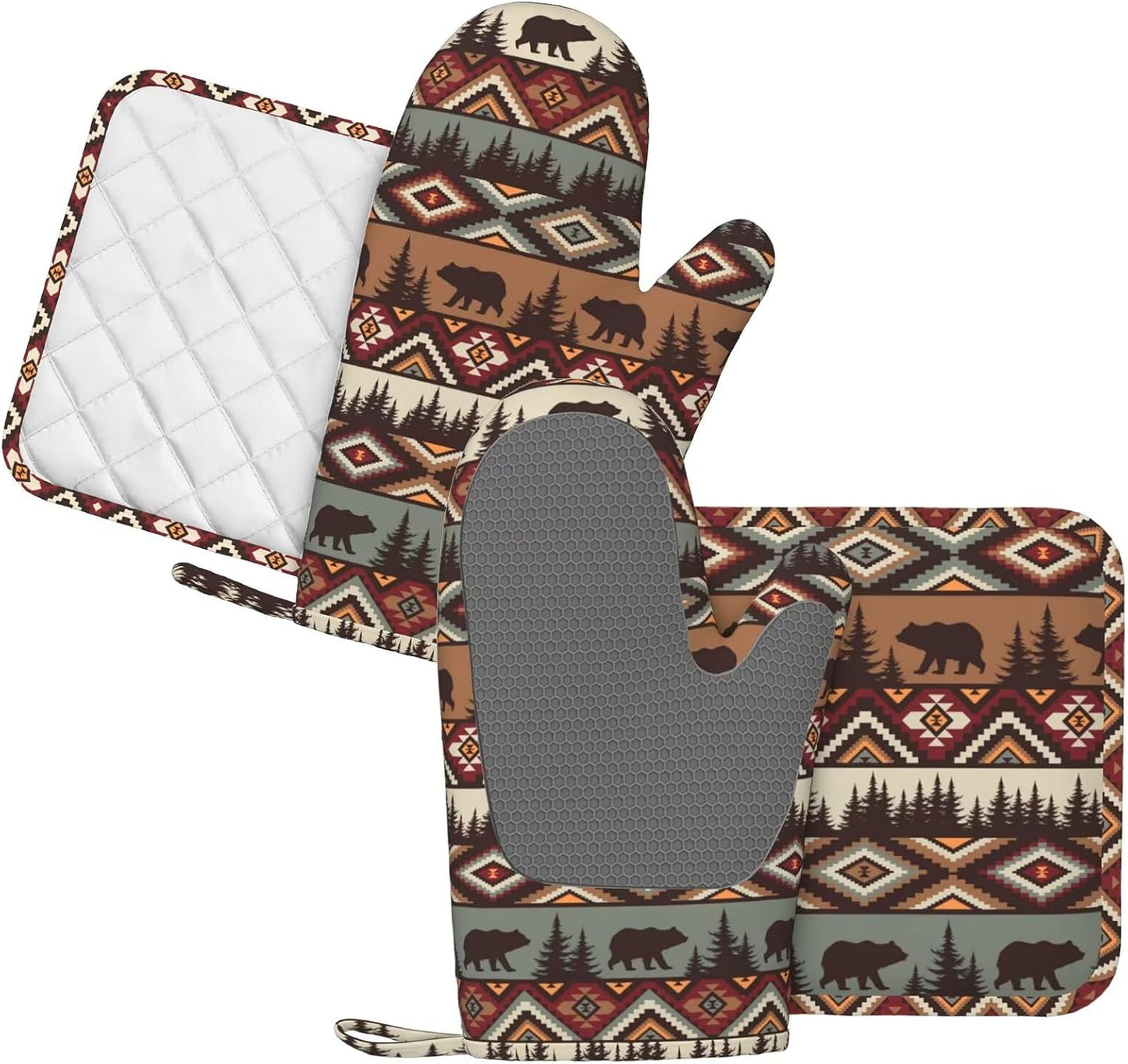 Vintage Rustic Bear Oven Mitts and Pot Holders 4 pcs Set Silicone Bear Mountain Kitchen Oven Mitt Gloves Country Cabin Themed Pot Holders Non-Slip Heat Resistant Cooking Mitts Set for Grilling