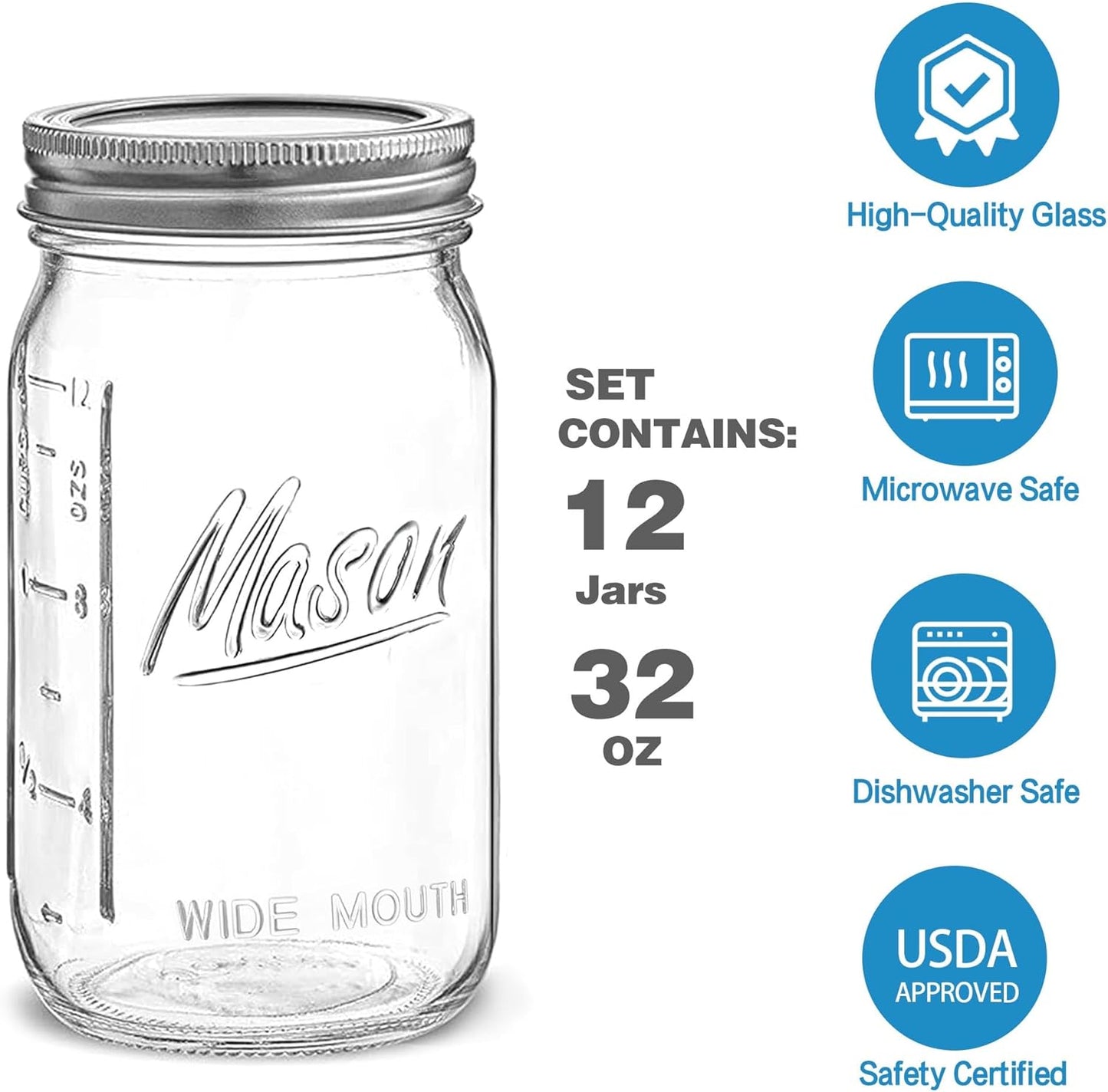 Wide Mouth Mason Jars 32 oz - 12 Pack Large Glass Mason Jars with Airtight Lids and Bands, 1 Quart Glass Jars for Pickling, Canning, Fermenting and Food Storage, Microwave & Dishwasher Safe