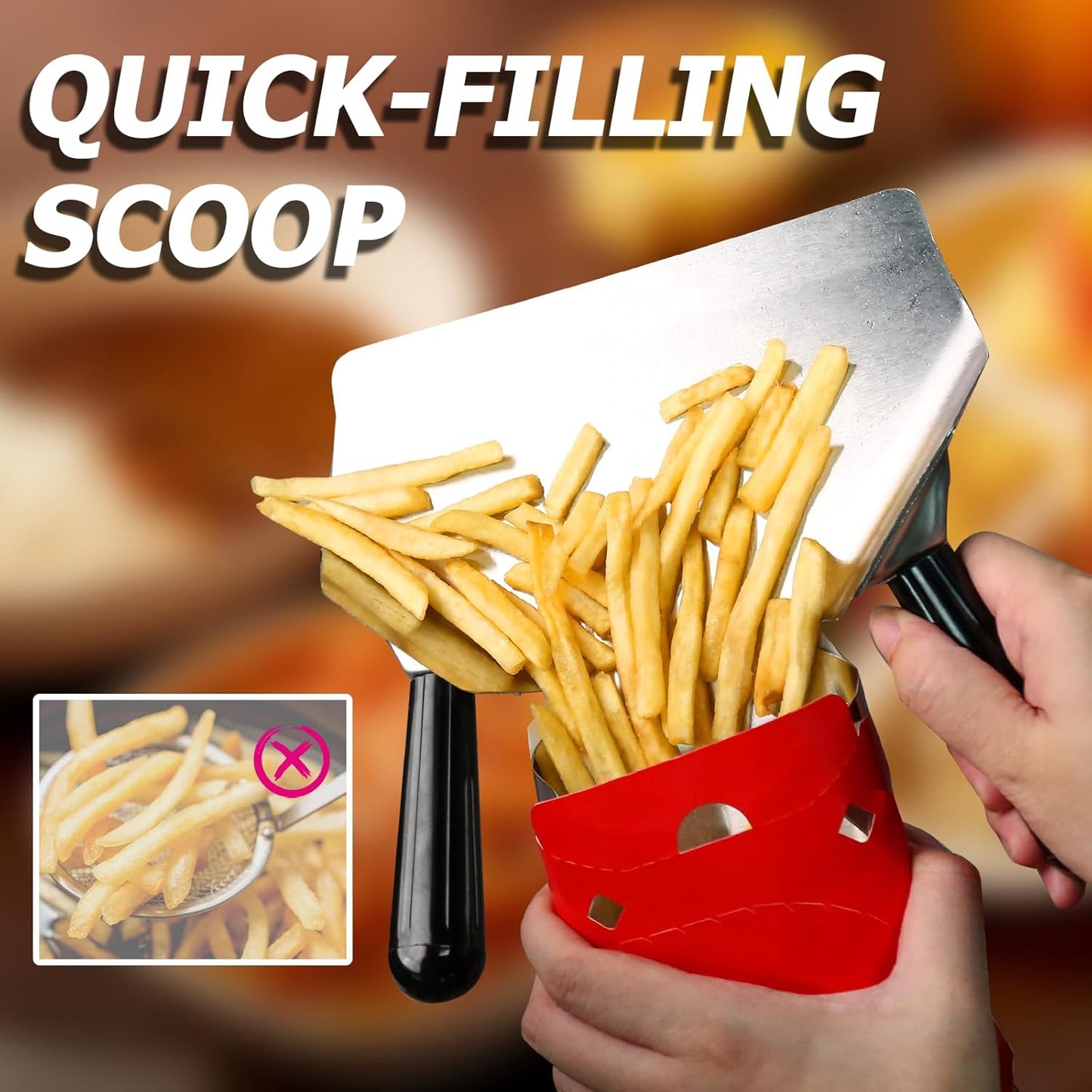 Stainless Steel French Fry Popcorn Scoop, Quick Fill Tool for Food Bags & Boxes, Multipurpose Utility Scooper for Bagger French Fries, Snacks, Desserts, Ice, Dry Goods(Dual Handle)