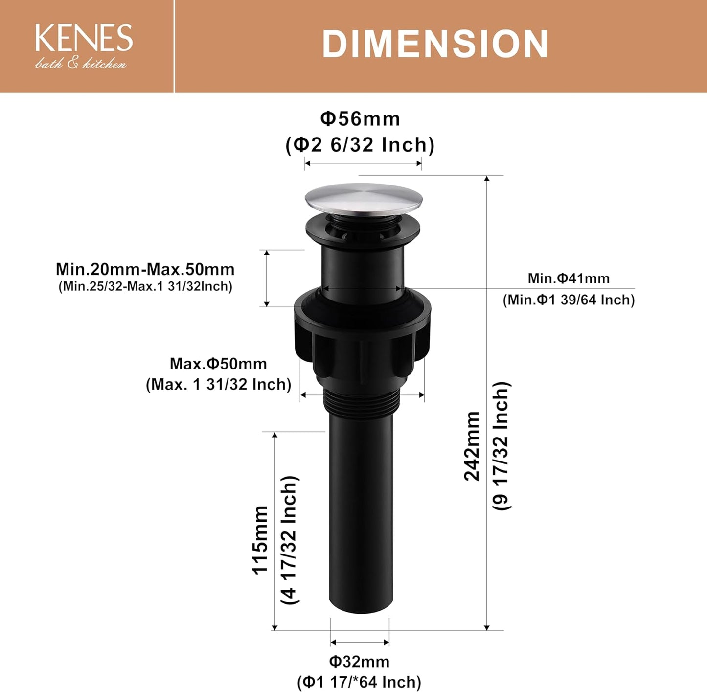 KENES Bathroom Vessel Sink Pop Up Drain Without Overflow Assembly, Lavatory Vanity Sink Drain Stopper,Anti-Clogging Drain Strainer, Brushed Nickel, KE-P300A