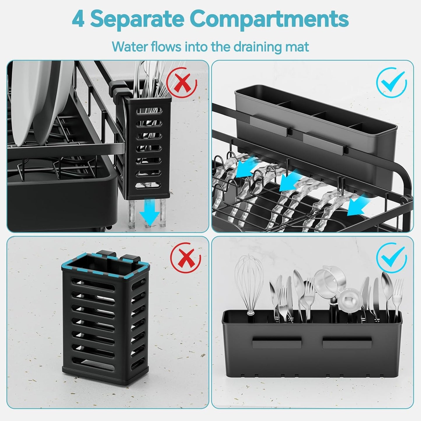 Dish Drying Rack Kitchen - Dish Racks for Kitchen Counter Space-Saving, Dish Drainer with Automatic Drain and Adjustable Spout, Dishwasher Rack with Cutlery Holder, 16.5" D x 11.6" W x 6.6" H