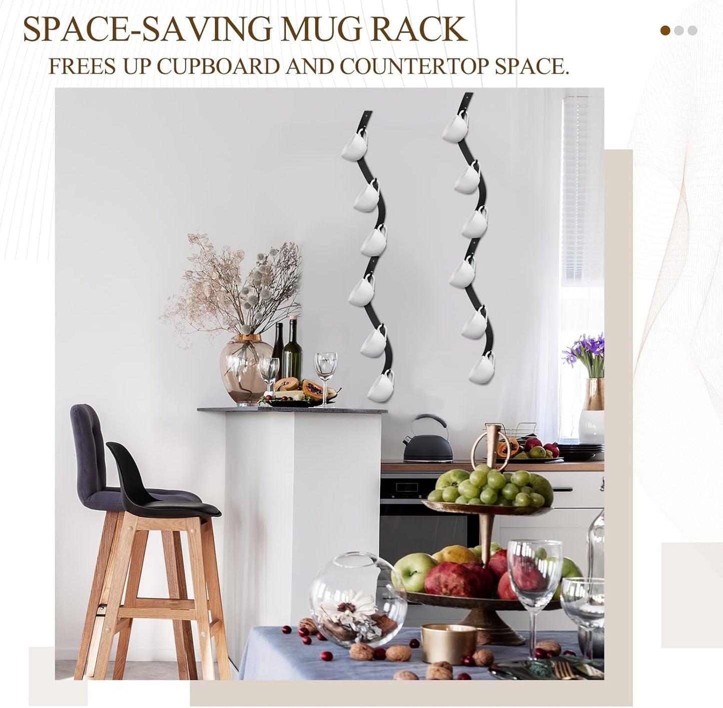 Sosation 4 Pack Coffee Mug Wall Rack Mounted with 12 Hooks S Curve Metal Coffee Cup Rack Wall Hanging Holder for Bar Kitchen Corner Station Decor Display