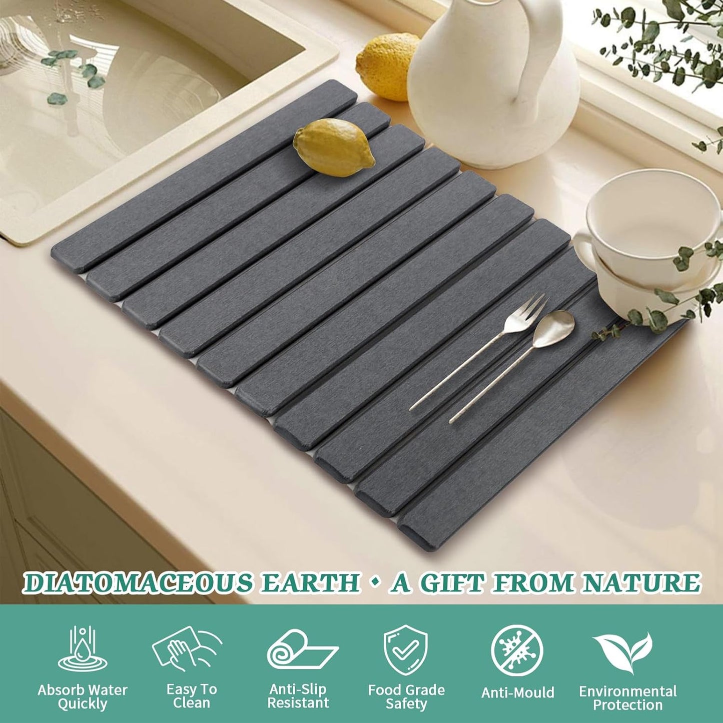 Stone Dish Drying Mat for Kitchen Counter, 24''×15'' Dark Grey Dishes Drying Matt Kitchen Counter, Absorbent Diatomaceous Earth Bath Quick Dry Mats for Tableware, Bottles and Cup