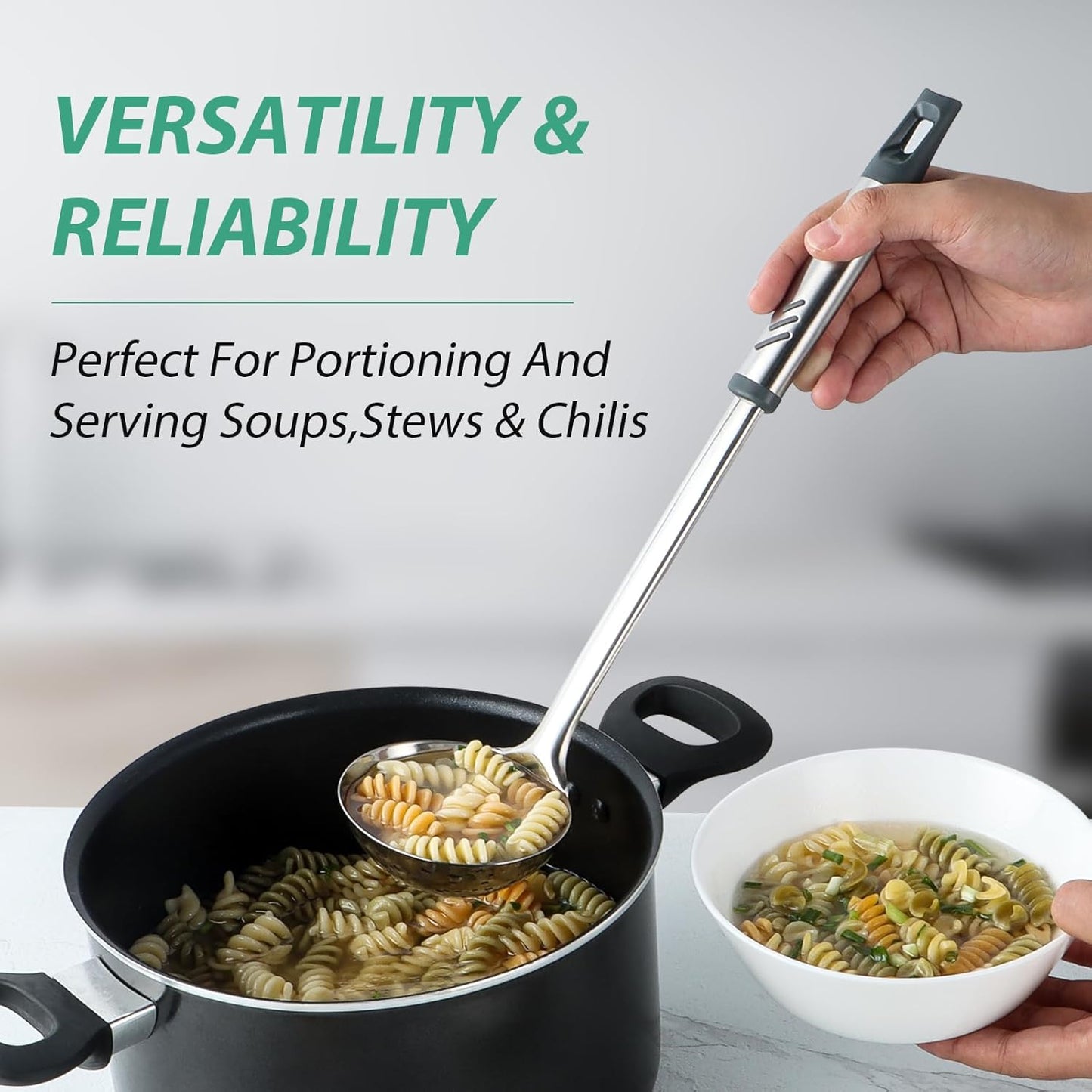 Soup Ladle, 13.9 inch Large Ladles Serving Spoons, 4 oz Stainless Steel Ladle with Heat-proof Handle, Comfortable Grip Design, Durable Construction, Silver