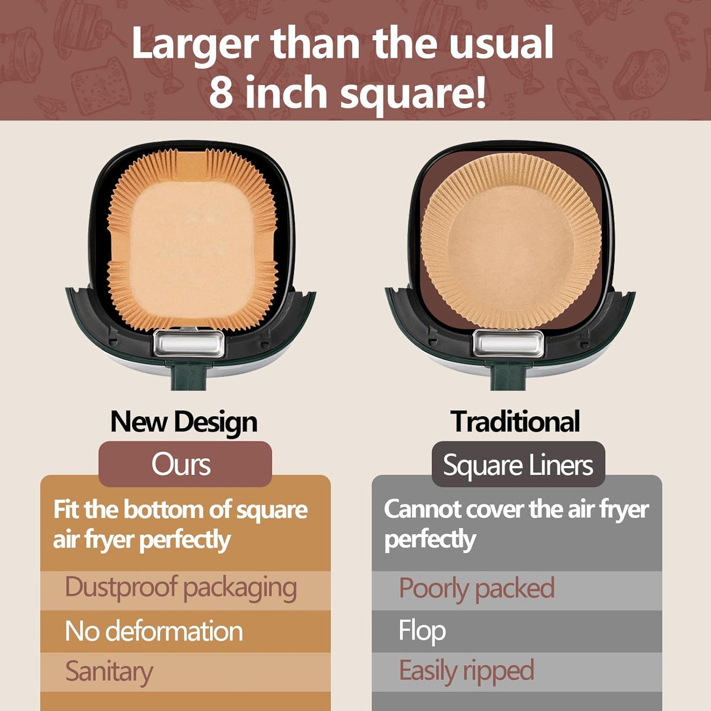 UBeesize 7.5 Inch Air Fryer Paper Liners,400 PCS Parchment Paper, Air Fryer Disposable Paper Liners for Microwave, Non-Stick Sheets Square Free of Bleach（Bottom Size 6.3 Inch）