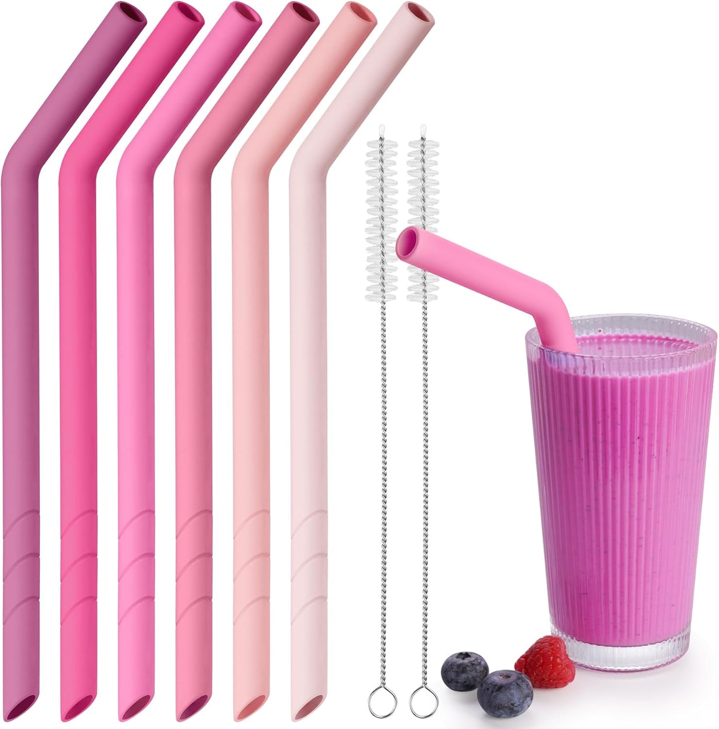 NiHome 6PCS Extra Wide Reusable Bent Silicone Straws for Boba, Smoothies, Bubble Tea, Eco-Friendly Bent Straws for Thick Drinks, Child-Safe, Customizable Length, 2 Brushes for Cleaning (Pink Gradient)