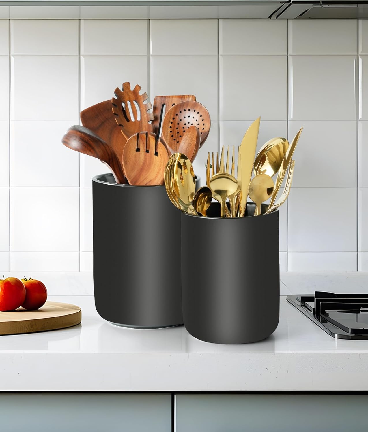 Set of 2 Utensil Holder, 7"+5" Ceramic Kitchen Utensil Holder for Countertop, Large Cooking Utensil Crocks for Counter, Morden Utensil Organizer for Spatula, Kitchen Decor (Black)