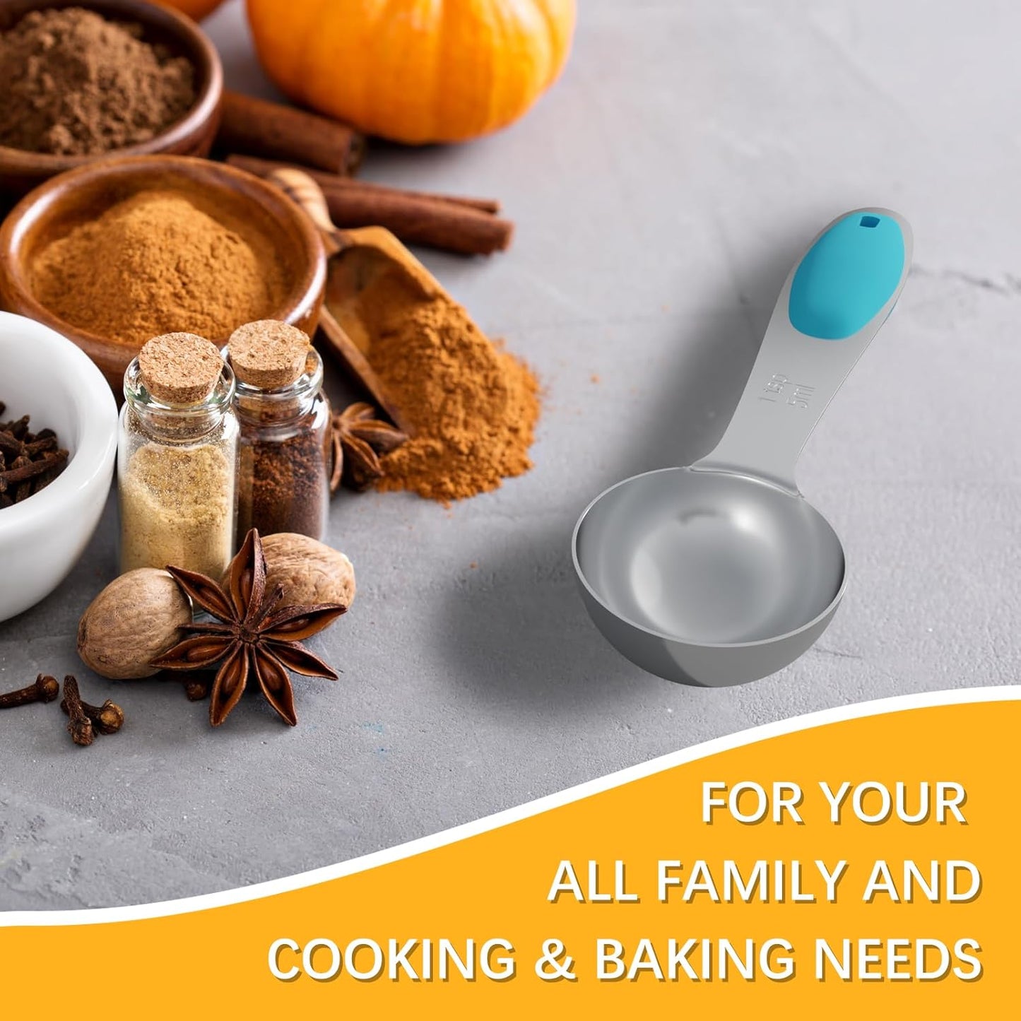 2PCS 1 Tsp(1/3tbsp, 1/6oz, 5ml) Single Measuring Spoon with Blue Silicone Grip, Stainless Steel Individual Measure Scoop Only