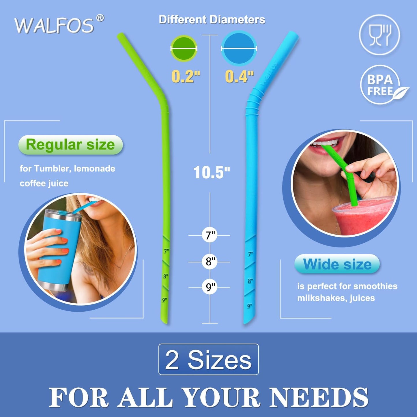 Walfos Reusable Silicone Straw - 2 Size Flexible Drinking Bendy Straws for Smoothies/20 & 30 oz Tumblers, BPA Free (4 Wide Straws + 4 Regular Straw + 2 Cleaning Brushes Excluding storage bag）