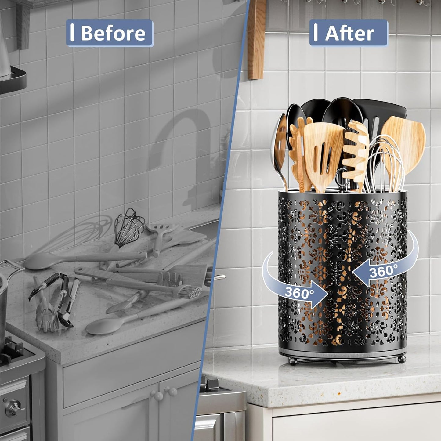 360° Rotating Utensil Holder - Extra Large Cooking Utensils Caddy Counter Organizer with Instant-Dry and Removable Base for Kitchen Tools