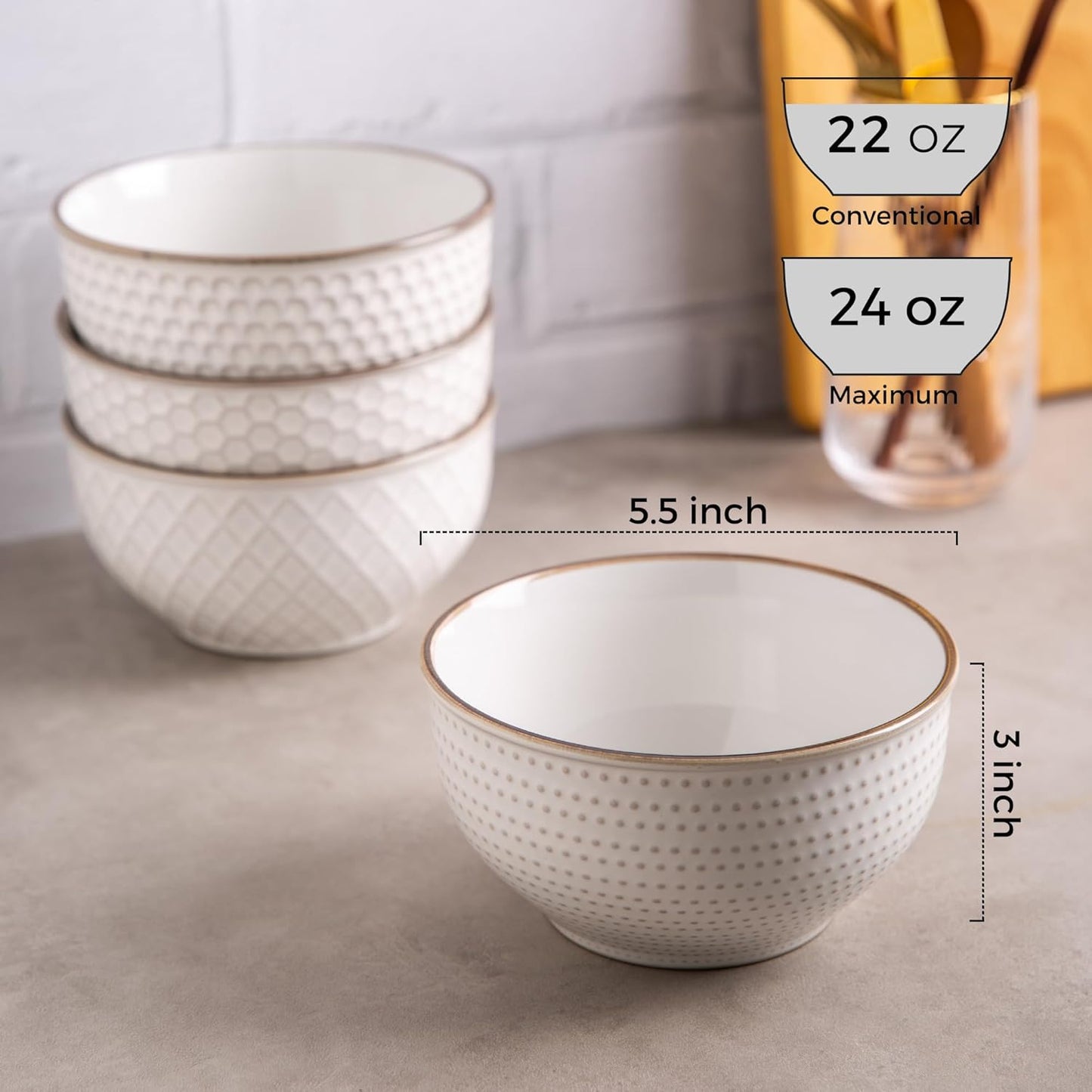GBHOME Stoneware Cereal Bowls Set of 4, 24 oz Ceramic Soup Bowls with Texture Patterns for Soup,Oatmeal, Snacks, Perfect Bowls for Wedding, House-warming Gift-Off White