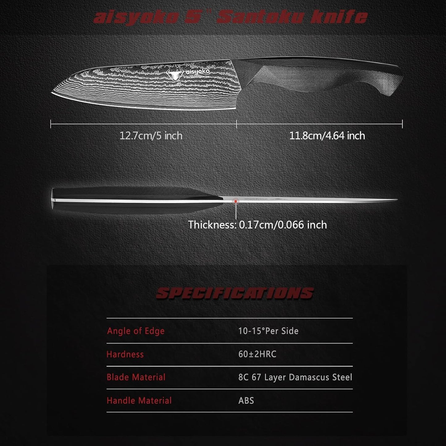 Santoku Knife 5" inches-Japan 8C Super Steel 67 Layer Damascus Steel-Sharp Kitchen Knife-Full Tang ABS Anti-Skid Handle utility knife Cooking Knife with Luxury Gift Box