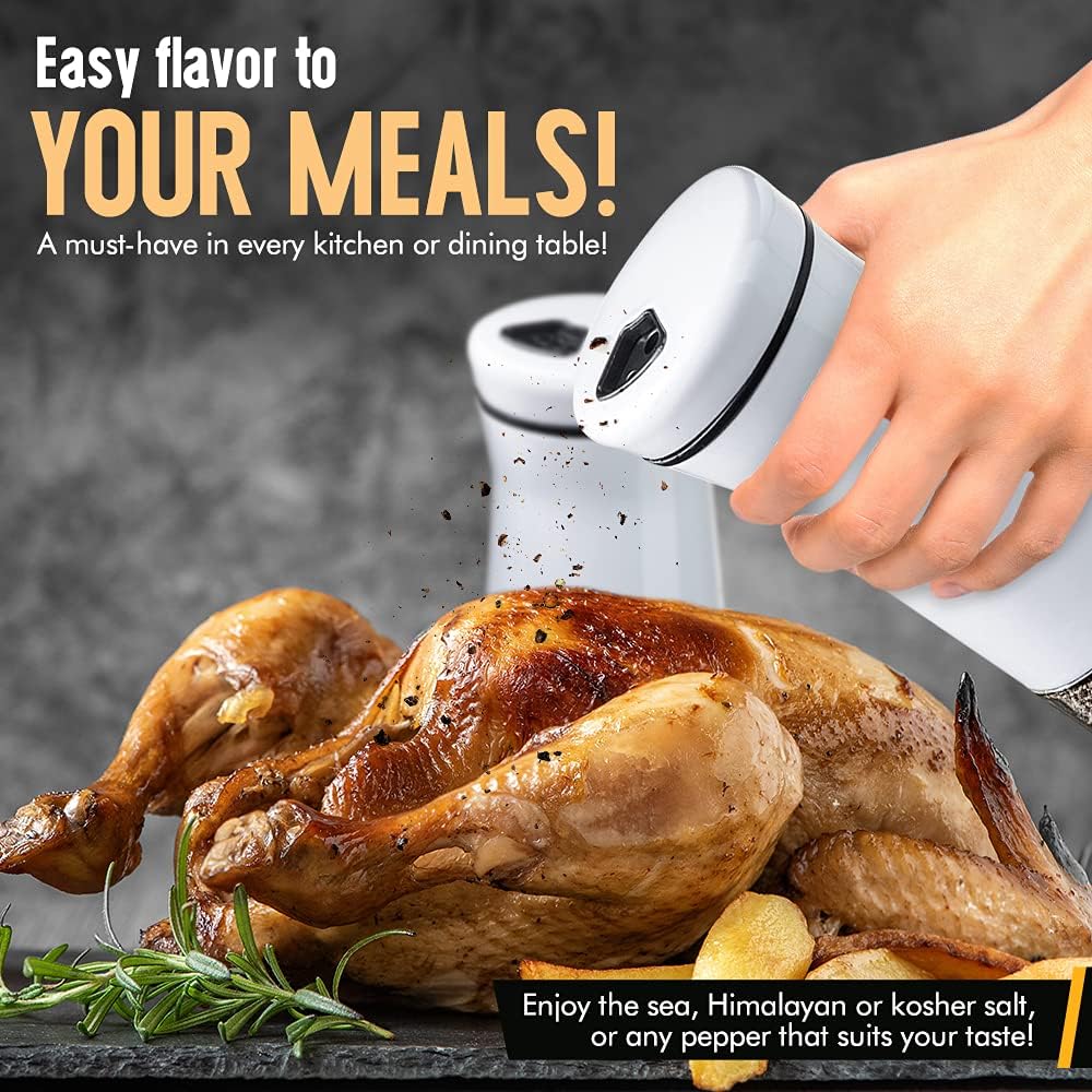 The Original Salt and Pepper Shakers set - White- Spice Dispenser with Adjustable Pour Holes - Stainless Steel & Glass - Set of 2 Bottles