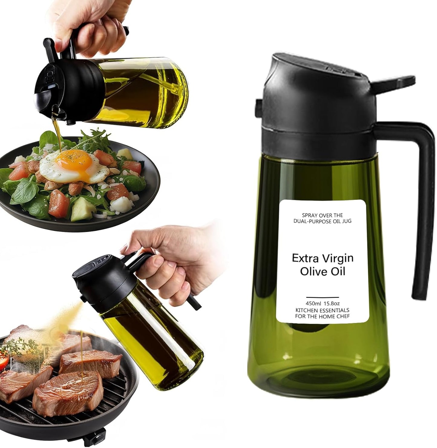Oil Sprayer for Cooking, Kitchen Goddess 2 in 1 Spray and Pour Olive Oil Dispenser 16oz 450ml Glass Oil Spray Bottle, Mist Olive Oil Dispensing, Air Fryer, Dark Green (black)
