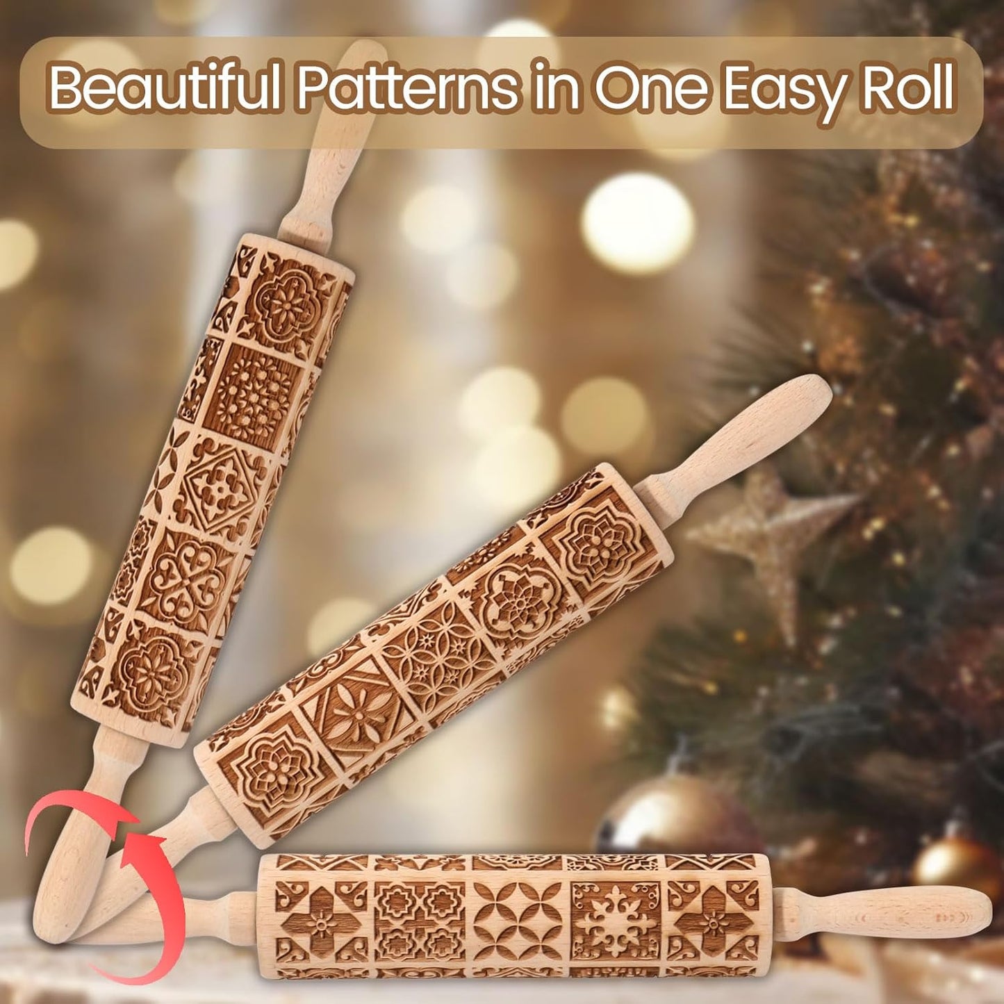 Christmas Embossed Rolling Pin for Baking Cookies Embossing Rolling Pins with Design Wooden Engraved Springerle Roller Pin Dough Patterned Clay Pottery Ceramic Bakers Women (Vintage Square Patterns)