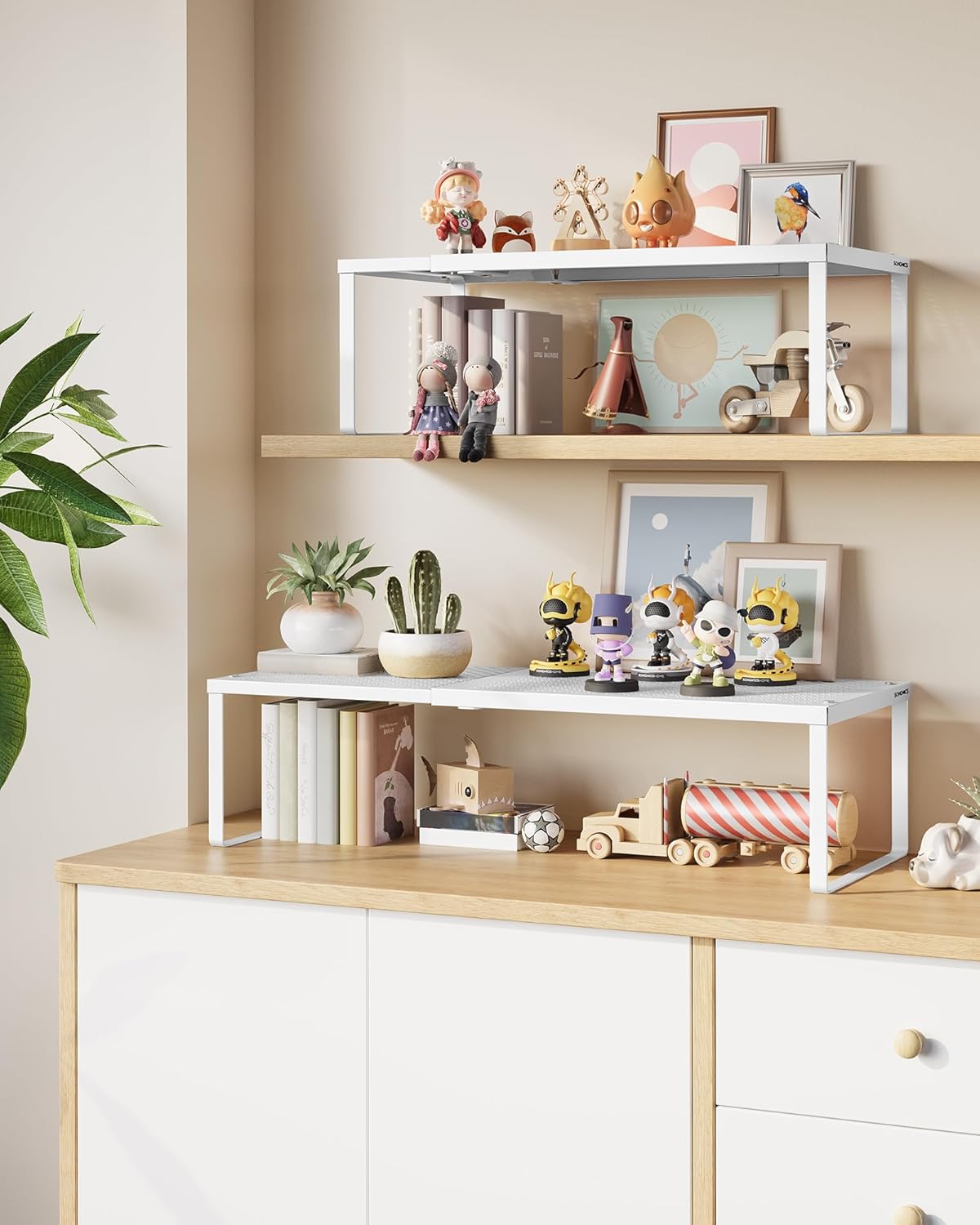 SONGMICS Expandable Pantry Kitchen Organizers, Adjustable Spice Rack, Stackable Cabinet Organizers, Metal, Space-Saving Tabletop Shelves, Matte White UKCS007W01