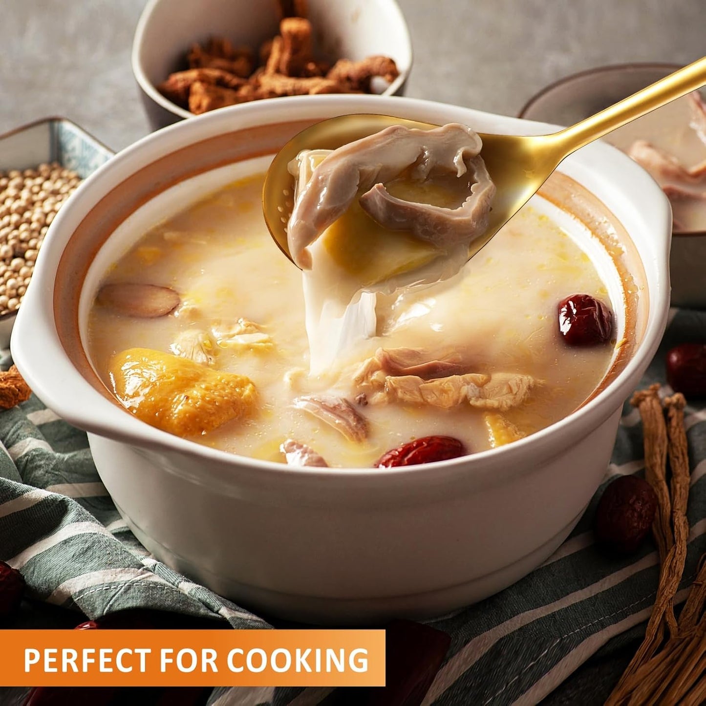 Large Gold Serving Slotted Spoon, 304 Stainless Steel Set, Stainless Steel Soup Ladle Spoon, Metal Gravy Ladle, Solid Slotted Spoon for Mixing, Serving, Stirring, Salad, Soup, 14 Inch