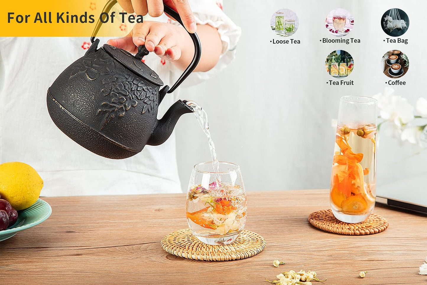 Toptier Mini Little Teapot, Super Small Cast Iron Teapot for Stove Top, Palm-Sized Japanese Stovetop Safe Tea Kettle with Infuser for 11 oz, Black