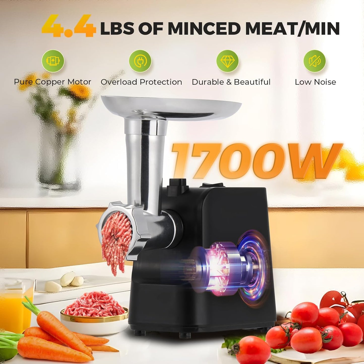 Meat Grinder Electric 9-In-1 Grinder 1700W For Meat with Attachments Sausage Maker, Kubbe Kit Stainless Steel Juicer, 3 Grinding Plates Meat Grinder for Home & Kitchen