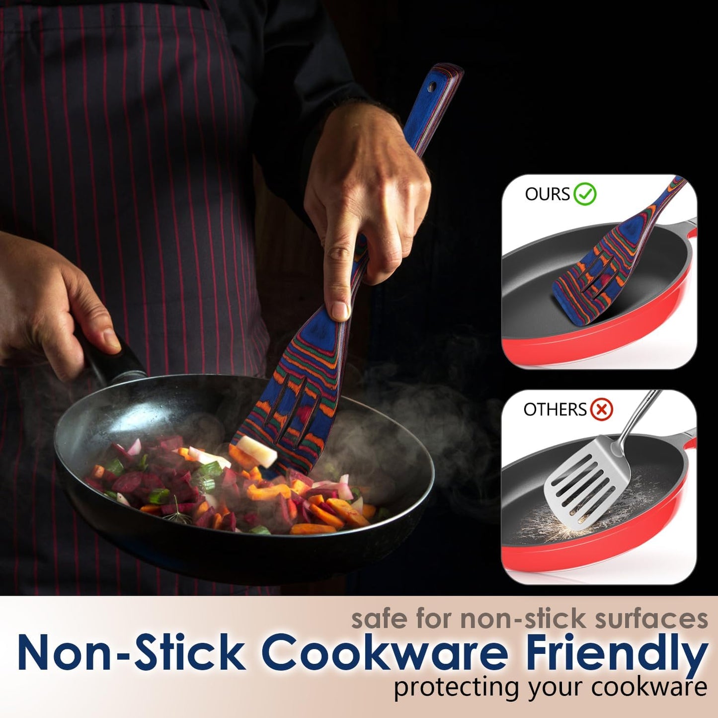 Kitchen Pakkawood Wooden Spoons for Cooking – 7-Piece Kitchen Utensil Set with Spatula, Corner Spoon, Rice Paddle – Nonstick Safe Durable Wooden Cooking Tools for Home Kitchen (Spectrum) by Howhong