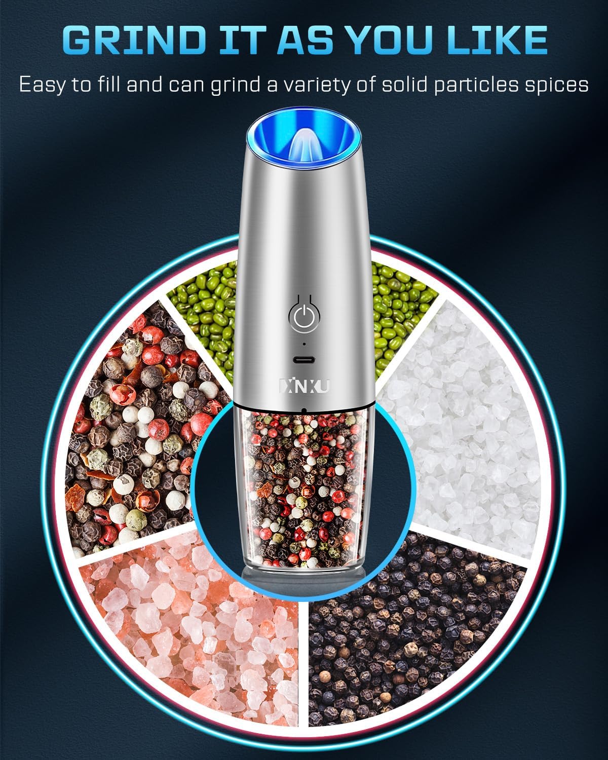 XinXu RECHARGEABLE Pepper and Salt Grinder Set,Automatic Pepper Mill,USB Rechargeable,Adjustable Coarseness,One-handed Operation,Ceramic Burr,Refillable,Auto Grinders Shakers LED Light,Sliver