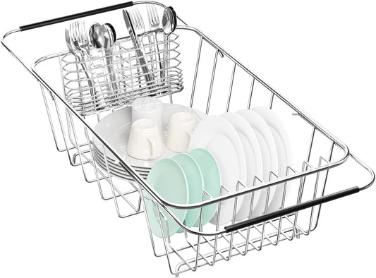 Small Dish Drainer Rack in Sink Adjustable, Expandable Stainless Steel Metal Dish Drying Rack Organizer with Stainless Steel Utensil Holder Over Inside Sink Counter, Rustproof(for 1-2 People)
