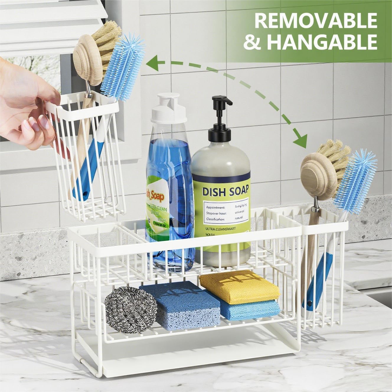 Cisily White 2-Tier Kitchen Sink Caddy Organzier Rack with Flexible Dish Brush Holder, Sponge Holder for Kitchen Sink Countertop Organization Storage,Home Decor Accessories