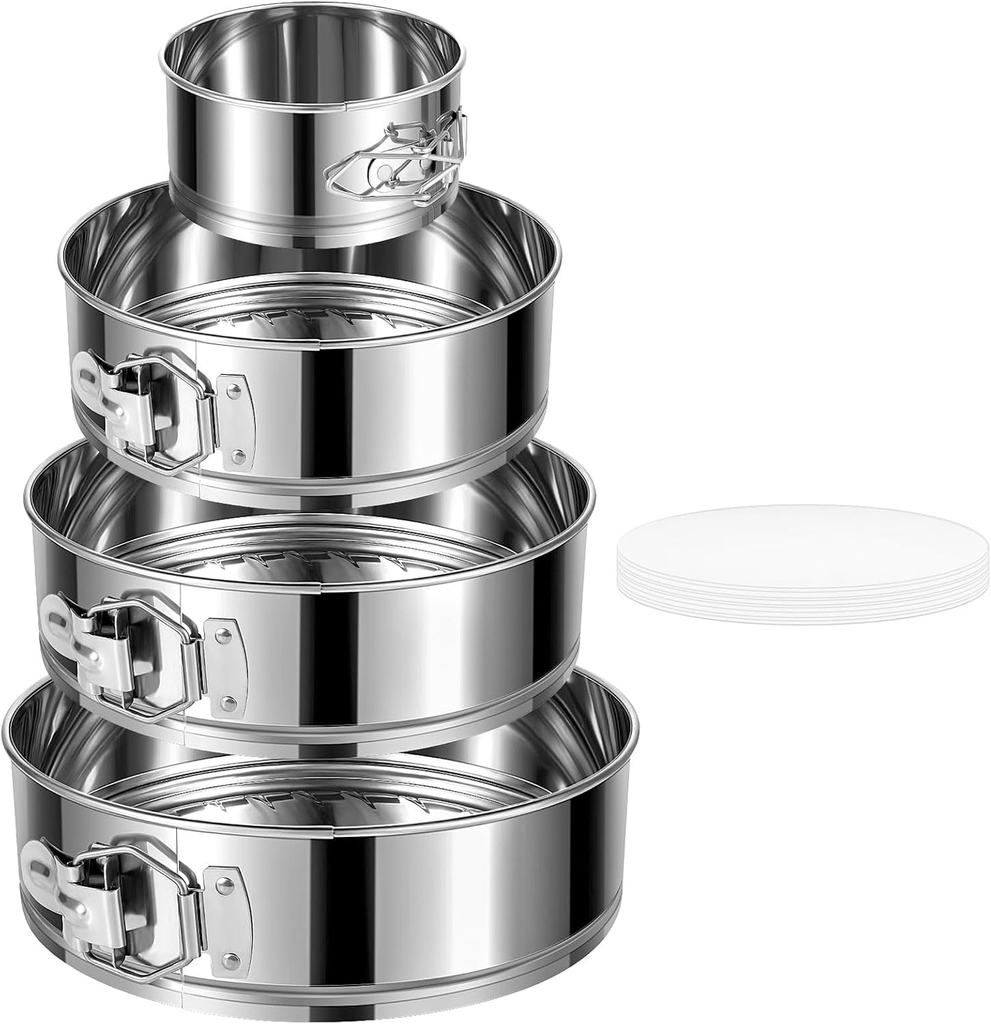 4" 7" 9" 10" Springform Pans Set of 4, Stainless Steel Cheesecake Pan with Removable Bottom, Leakproof & Nonstick Springform Cake Mold for Baking with 50 Pcs Paper Liners