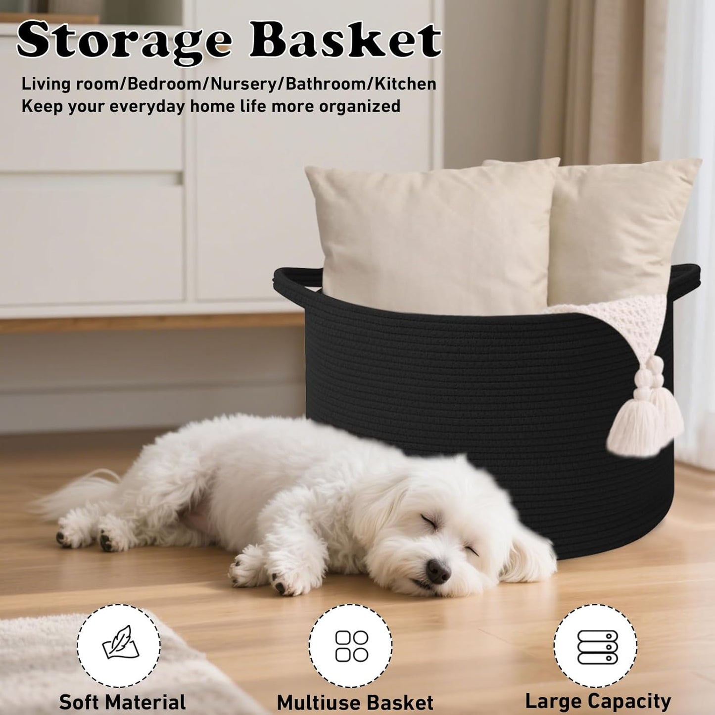 Large Blanket Basket for Organizing,65L Closet Organizers and Storage Bins Box for Shelves Woven Rope Storage Baskets,Living Room,Bedroom,Dorm,Laundry room (Black)