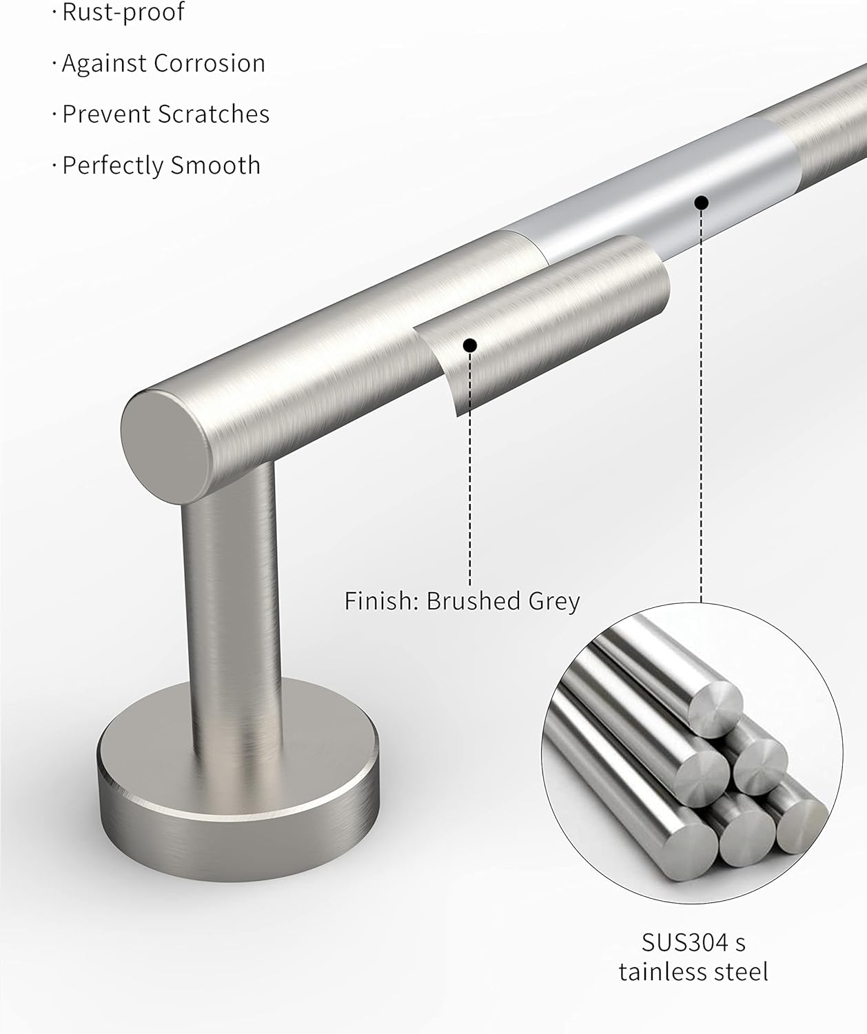 18 Inches Brushed Grey Towel Bar for Bathroom Kitchen Hand Towel Holder Dish Cloths Hanger SUS304 Stainless Steel RUSTPROOF Wall Mount (Brushed Grey 18-inch Center to Center)