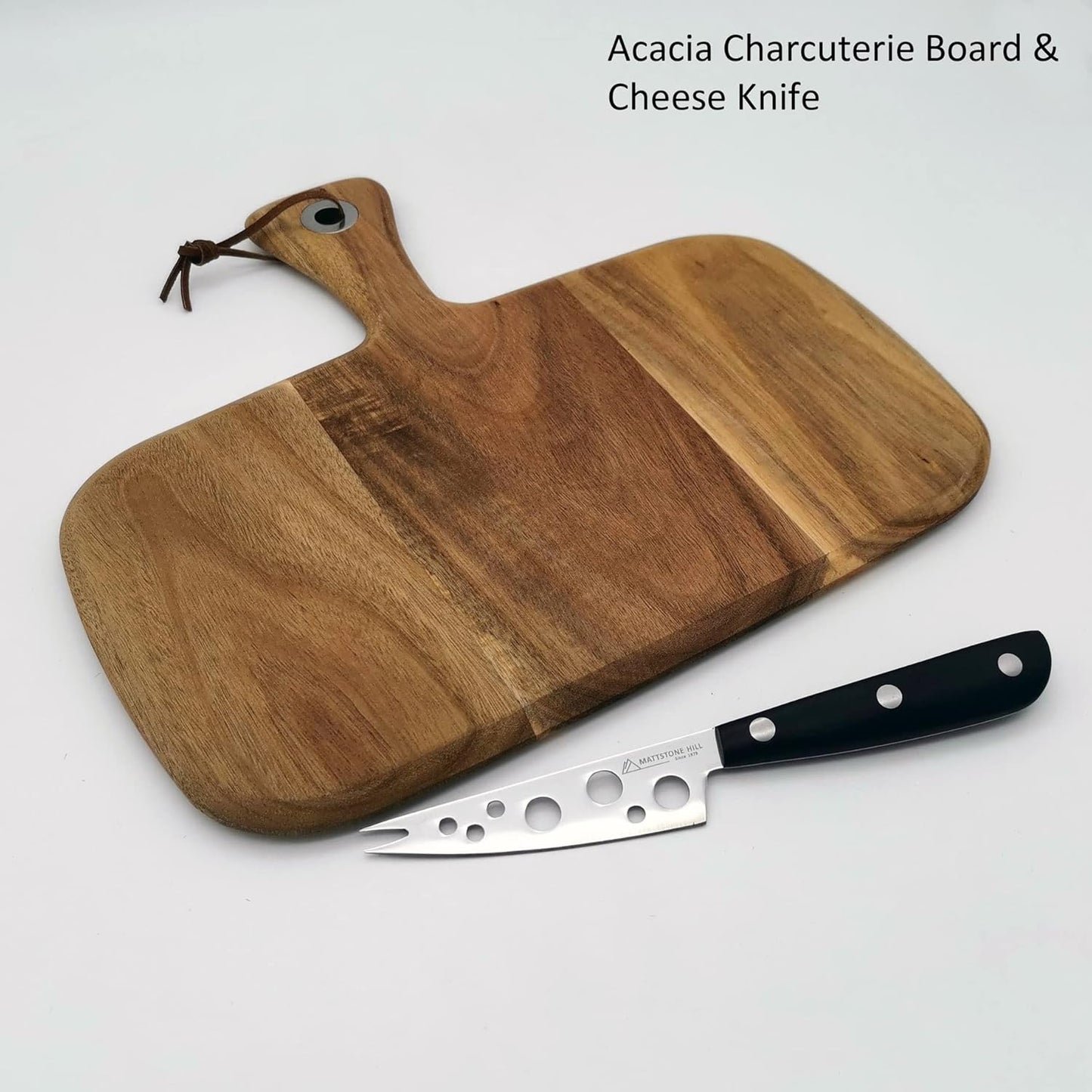MATTSTONE HILL Acacia Cheese Knife & Board Set - Soft & Semi Hard Cheese Knife, Charcuterie Board, Wood Serving Platter