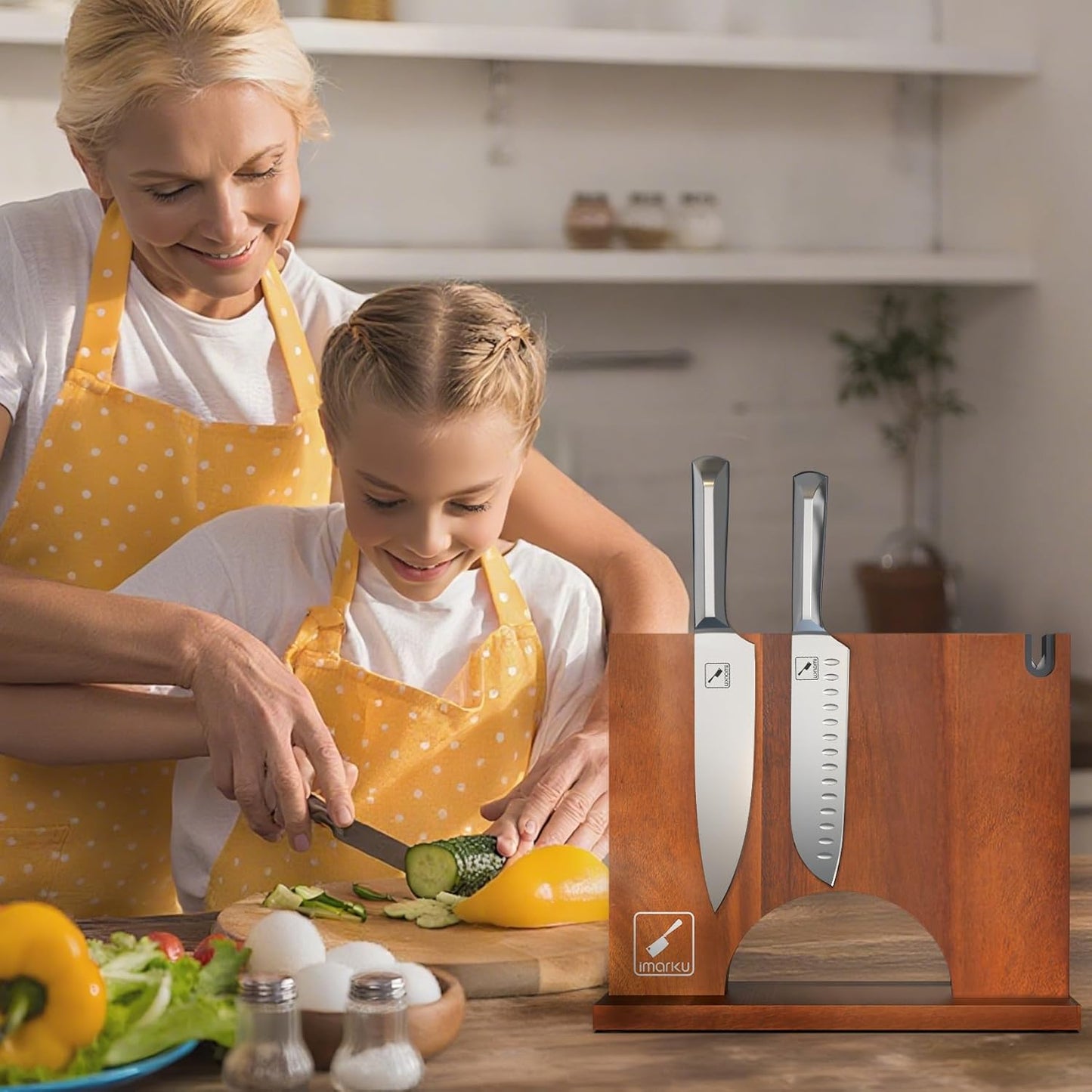 Magnetic Knife Block, Magnetic Knife Holder with Double Sided Magnetic Design, 12×10 Inches Knife Stand with Knife Sharpener, Acacia Wood Knife Storage for Kitchen Counter