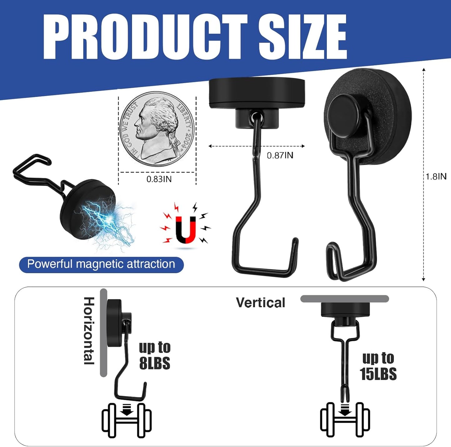 Magnetic Hooks for Grill & Refrigerator, 4-Pack Heavy Duty Rubber Coated Rust Proof Hooks – Strong Magnet for Hanging Grill Tools, Kitchen Utensils, Towels, Outdoor Camping BBQ Accessories (Black)