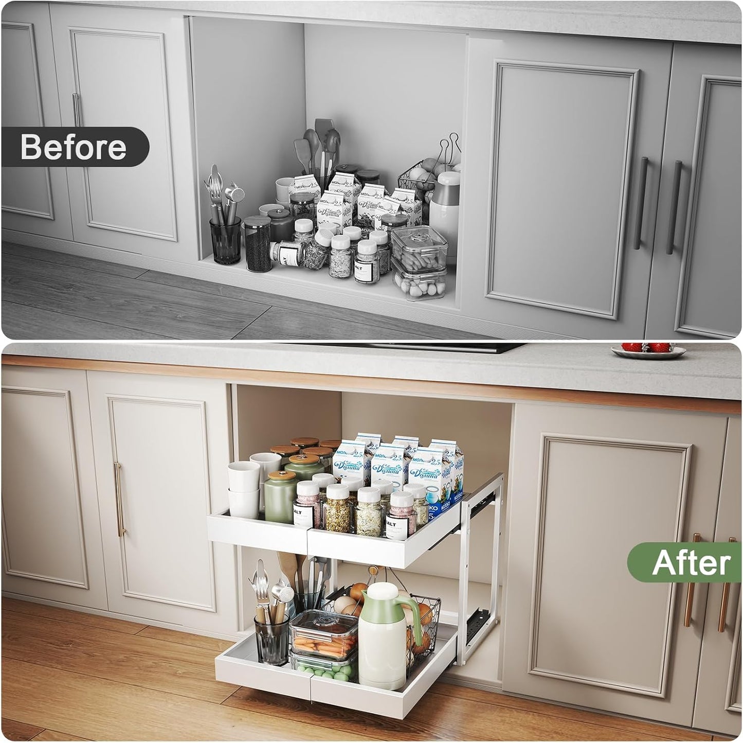 2 Tier Pull Out Cabinet Organizer ,Adjustable Width & Height,Expandable Pull-Out Drawers For Cabinets, Slide Out Shelves for Kitchen Cabinets / Countertop / Pantry,Heavy-Duty & Easy to Install(White)