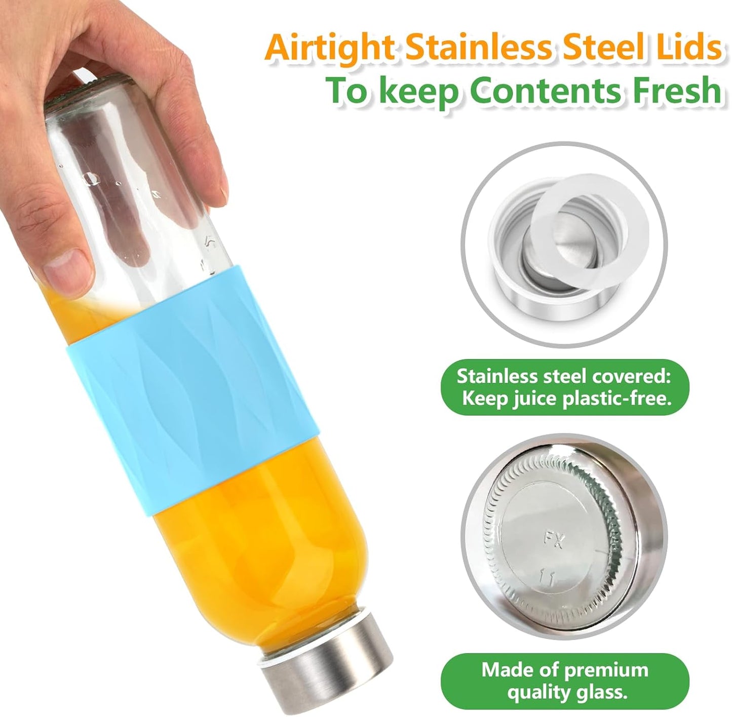 Zukro Glass Water Bottles with Lids 18 oz, Reusable Clear Juice Bottles Stainless Steel Airtight Cap for Juicing, 100% Leak Proof Juice Drinking Jar With Sleeve for Refrigerator, BPA Free, Set of 12