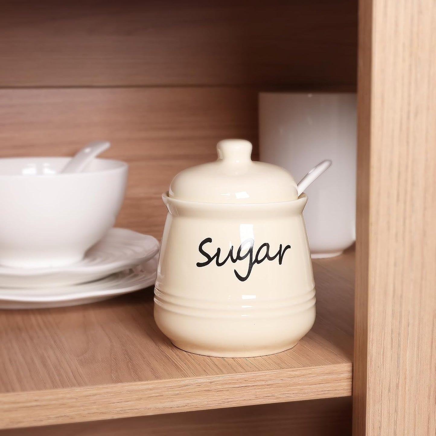 HAOTOP 12oz Sugar Bowl with Lid and Spoon,Ceramic Sugar Jar Sugar Dispenser Sugar Container Coffee Bar Accessories, Kitchen Countertop Canisters, Beige