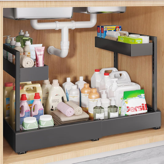 Expandable Under Sink Organizer with 3 Ball-Bearing Slide Rails , 2-Tier Pull-Out Under Cabinet Storage Shelf for Kitchen & Bathroom , Height-Adjustable Slide-Out Cabinet Drawer （Black, 1-Pack）