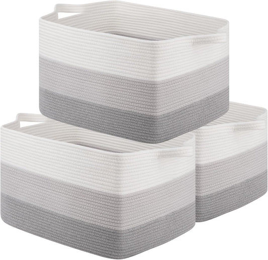 OIAHOMY Rectangle Woven Storage Basket - Nursery Cotton Rope Baskets for Storage, Toy Basket Organizing for Living Room, 17.7"x13.8"x11"- Pack of 3 - Gradient Gray
