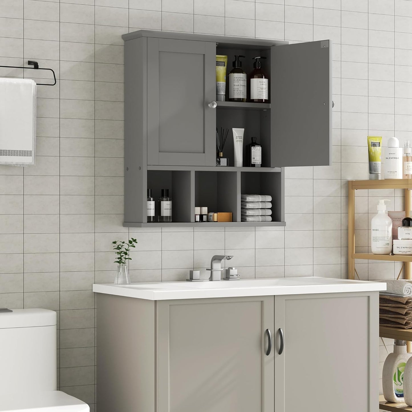 Shintenchi Bathroom Wall Cabinet with Door, Storage Organizer Over The Toilet Medicine, Space Saving with Adjustable & Open Shelf, Gray