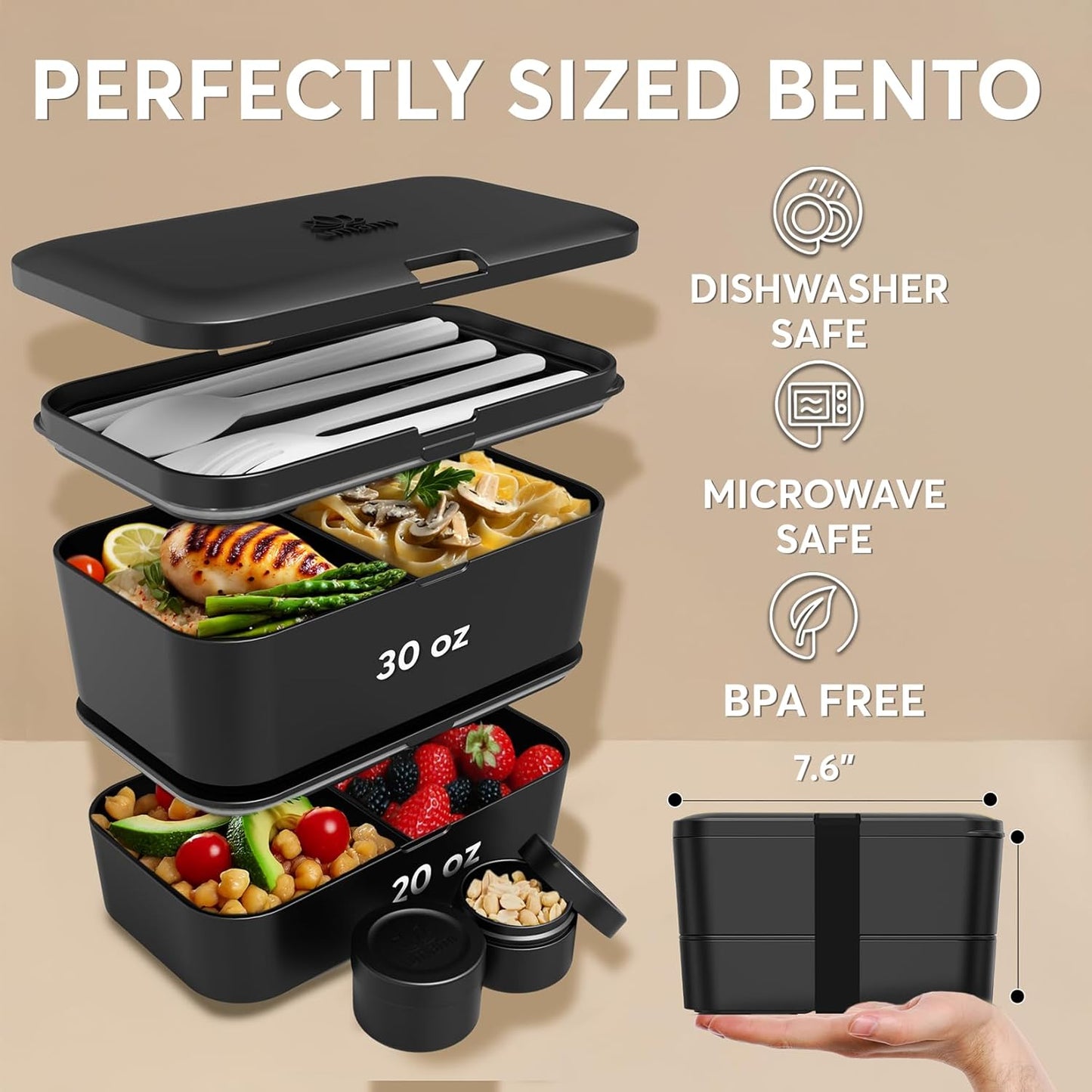 Umami Bento Box w/ 4 Utensils, 2 Sauce Jars, Nestable Space-Saving Lunch Box Containers, 100% Leakproof, Microwavable Lunch Containers for Adults, Design Award Winner, Onyx Black, 50 oz